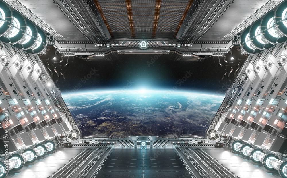 白色和银色的未来宇宙飞船内部，地球上的窗户视图三维渲染