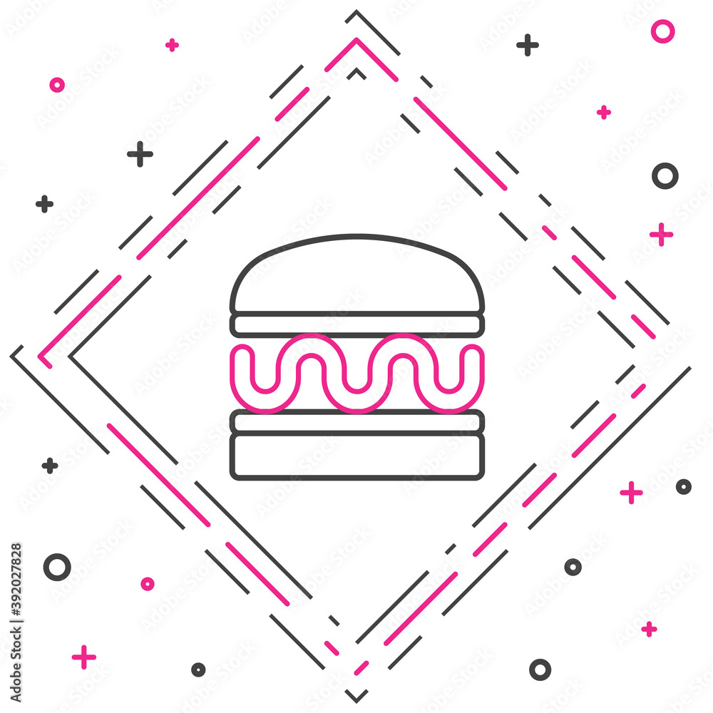 白色背景上隔离的线条汉堡图标。汉堡图标。奶酪汉堡三明治标志。快餐