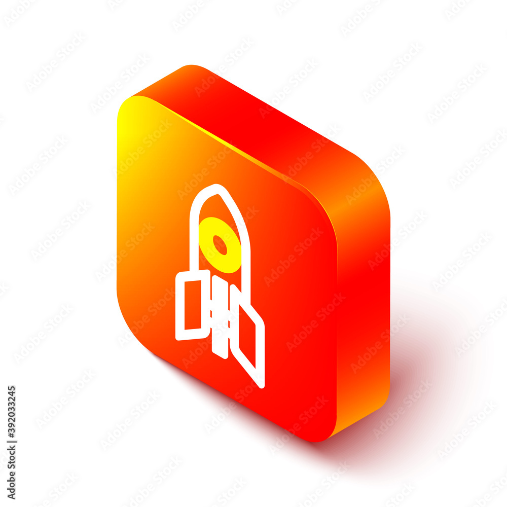 Isometric line Rocket ship icon isolated on white background. Space travel. Orange square button. Ve