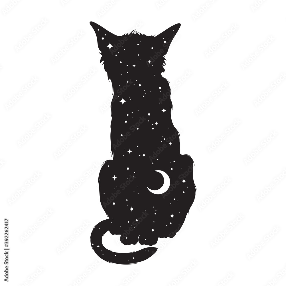 猫的轮廓，新月和星星被隔离。贴纸、印花或纹身设计矢量illu