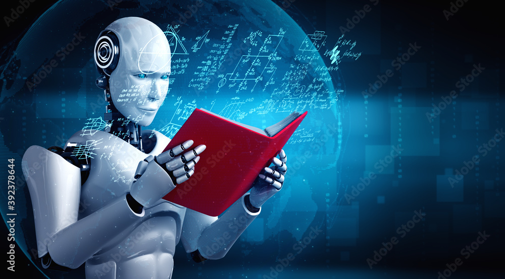 未来概念中机器人类人阅读书籍和解决数学数据分析的3D插图