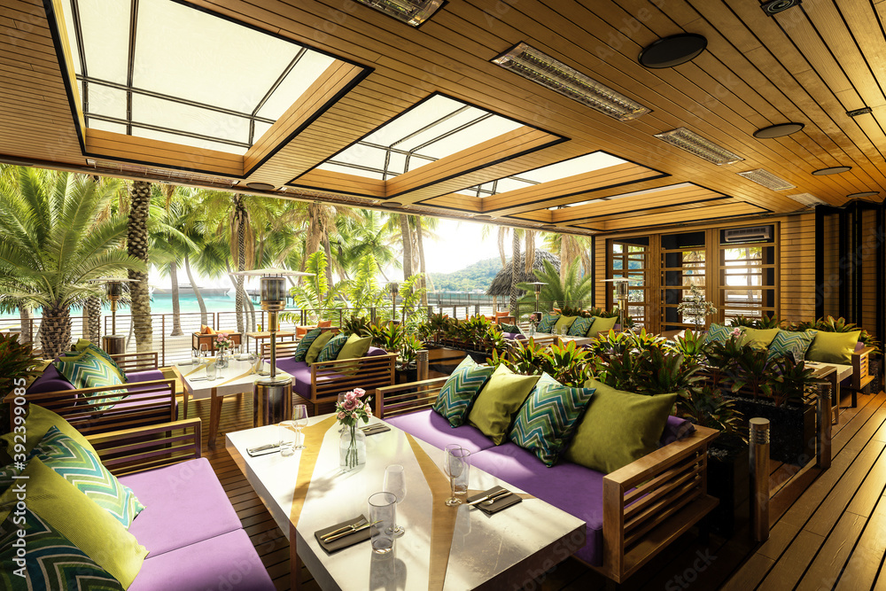 Terrace Restaurant Area Inside a Subropical Resort- 3d architectural visualization