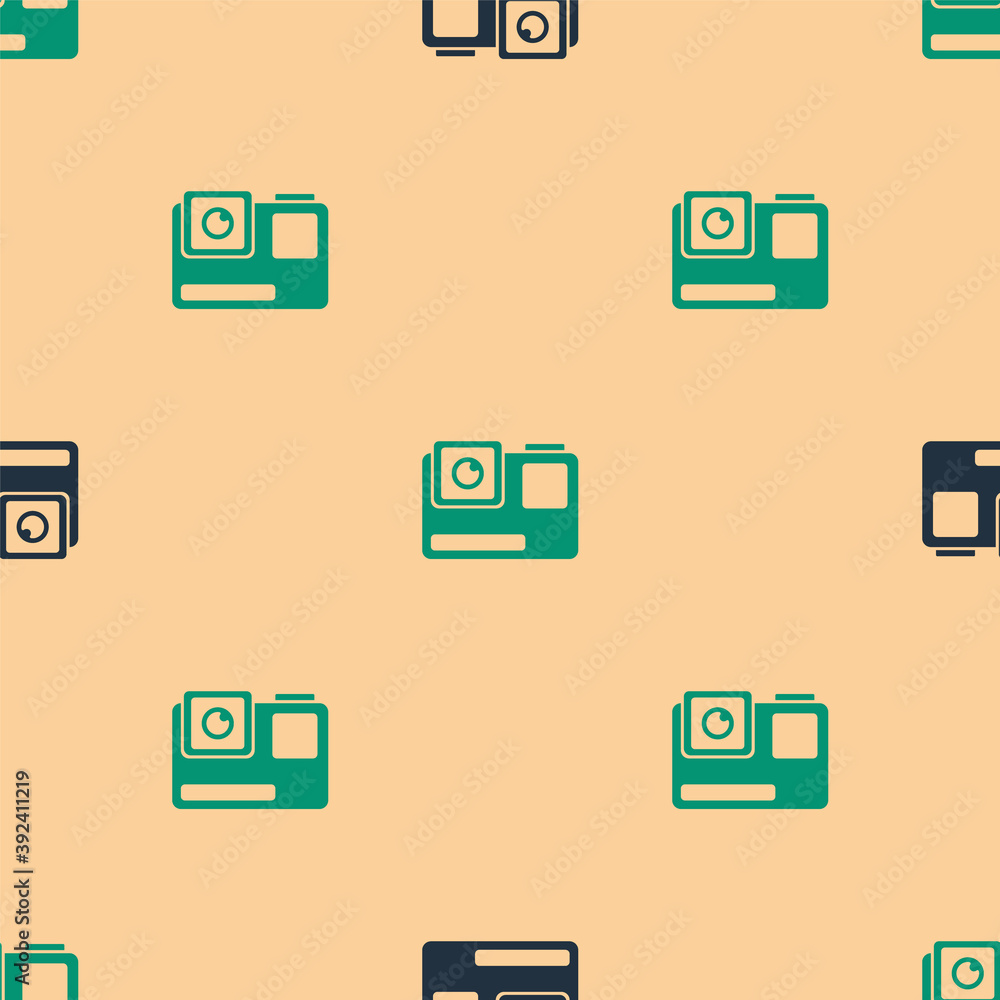 Green and black Action extreme camera icon isolated seamless pattern on beige background. Video came