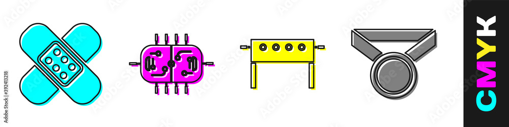 Set Crossed bandage plaster, Hockey table, Hockey table and Medal icon. Vector.