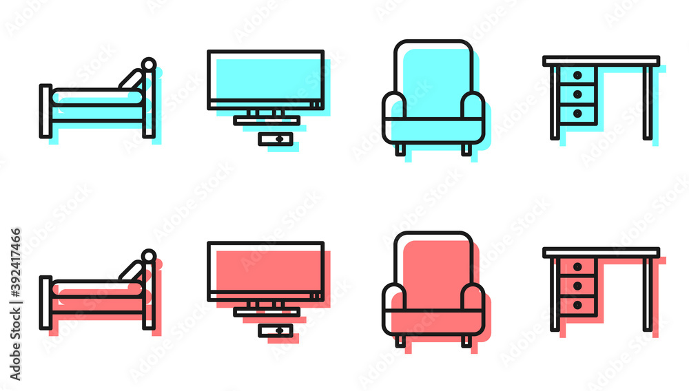 Set line Armchair, Bed, Smart Tv and Office desk icon. Vector.