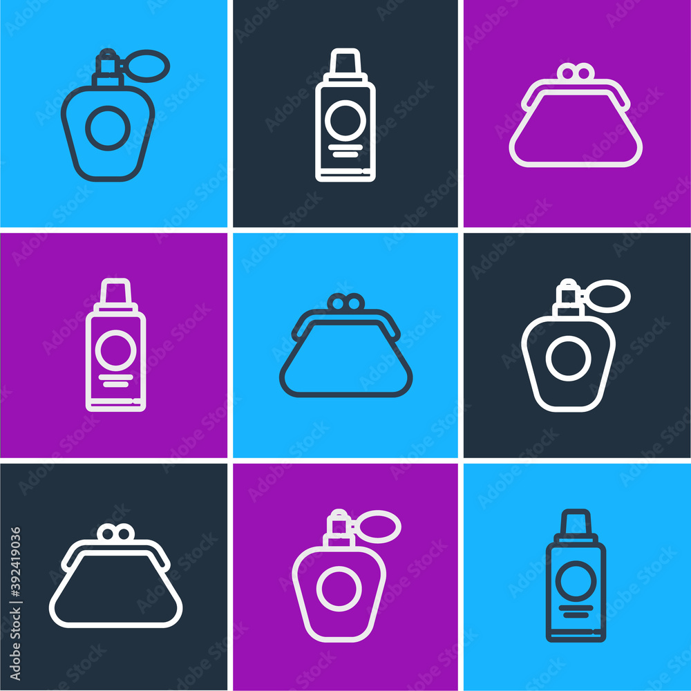 Set line Perfume, Clutch bag and Bottle of shampoo icon. Vector.
