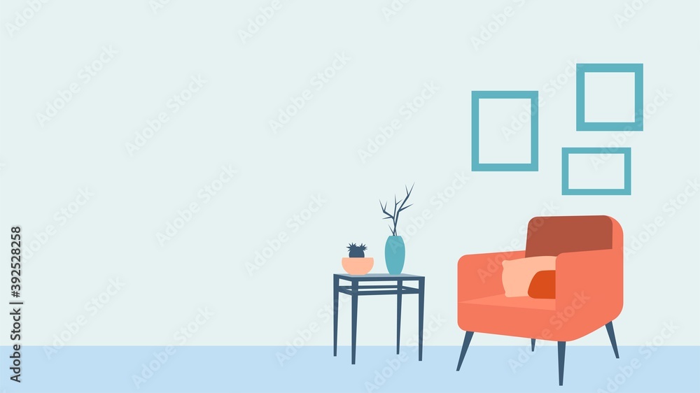 极简主义客厅内部插图。带垫子和咖啡桌的扶手椅