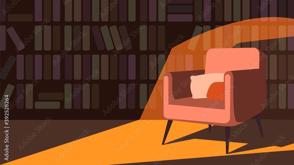 放着书的房间里有枕头的扶手椅，壁炉的入射光