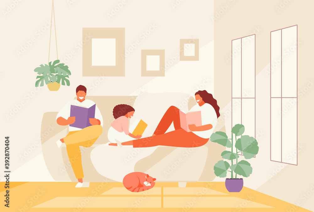 在沙发上阅读家庭父母和孩子。家庭生活矢量插图