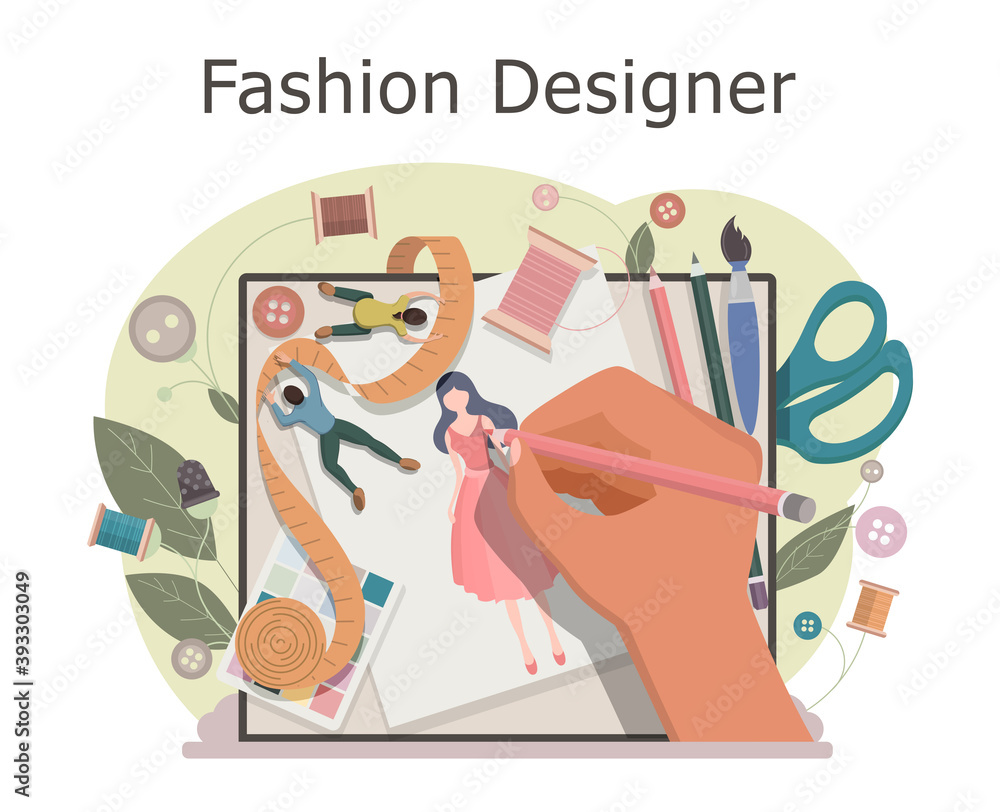 时装设计师绘制服装草图。在缝纫工作室设计新系列。服装设计