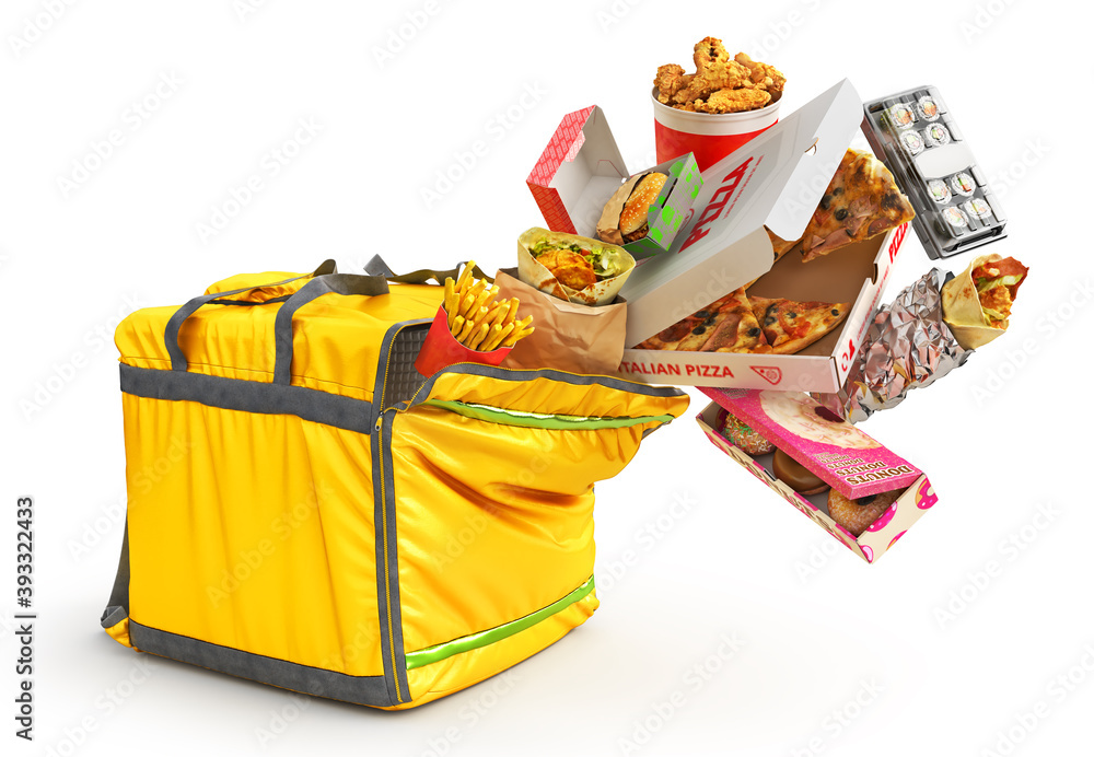 配送理念。用于不同食物的非接触式食品配送的热背包。在线订购