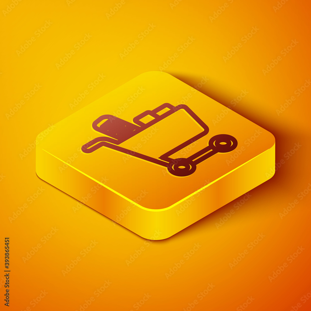 等轴测线购物车和食品图标隔离在橙色背景上。食品商店，超市。Y