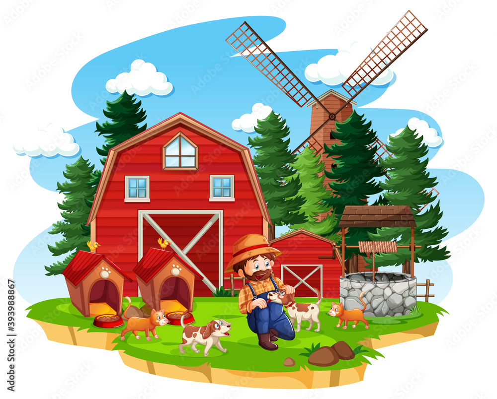 Farm with red barn and windmill on white background