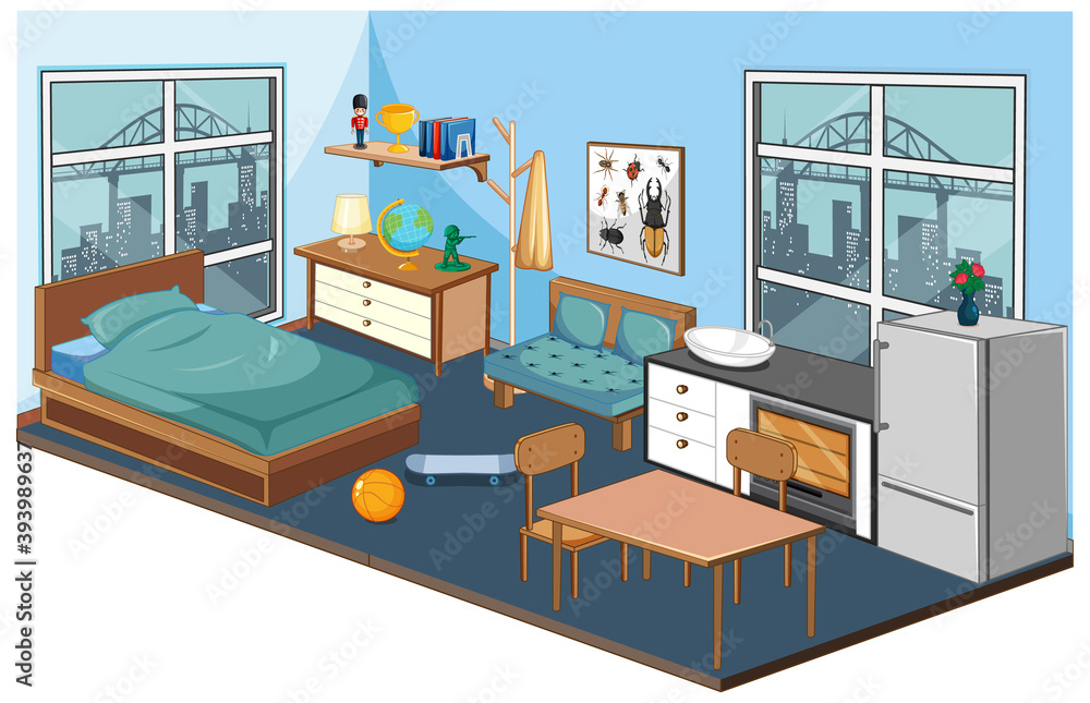 卧室内饰，带有蓝色主题的家具和装饰元素