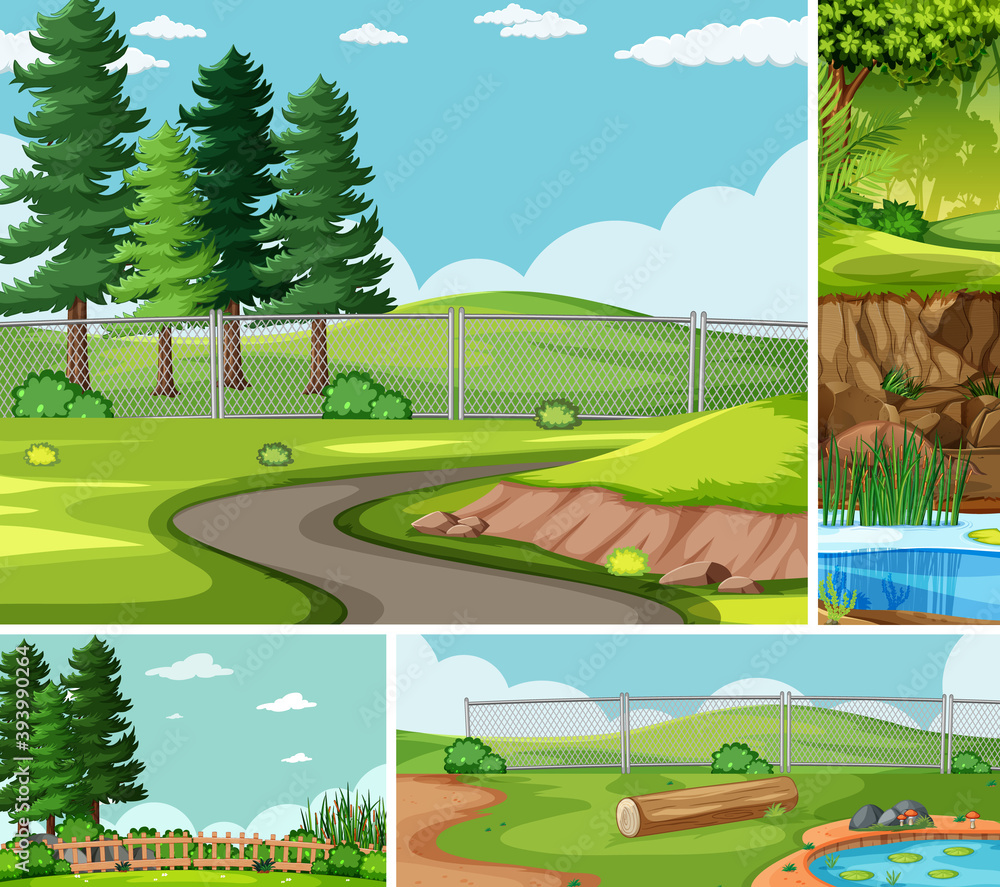 四个不同场景的自然设置卡通风格