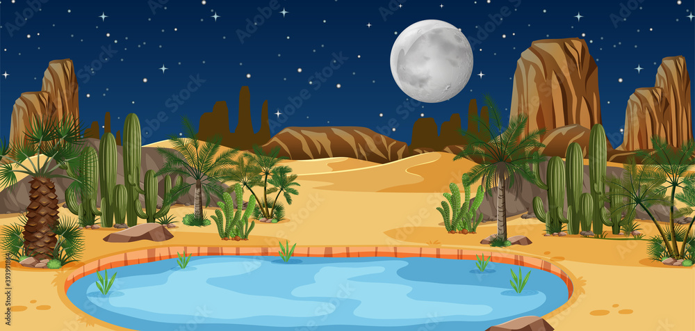 沙漠绿洲，棕榈树和柳絮的自然景观在夜景