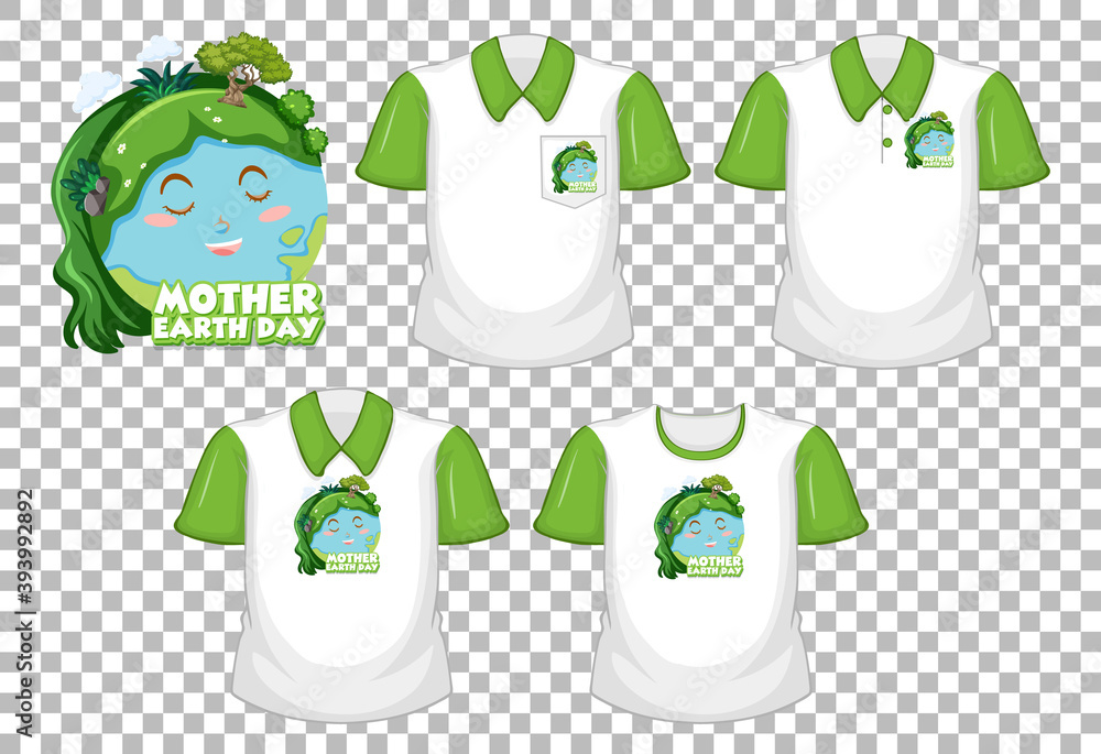 地球母亲日标志，在透明背景上隔离一套不同的衬衫