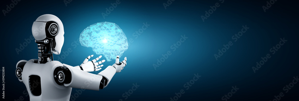 AI人形机器人手持虚拟全息屏幕，展示AI大脑和人工智能的概念