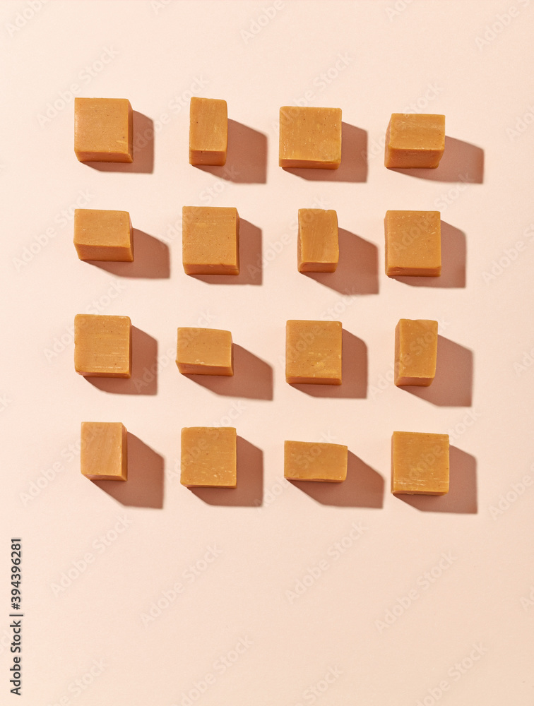 flat lay composition of caramel candies