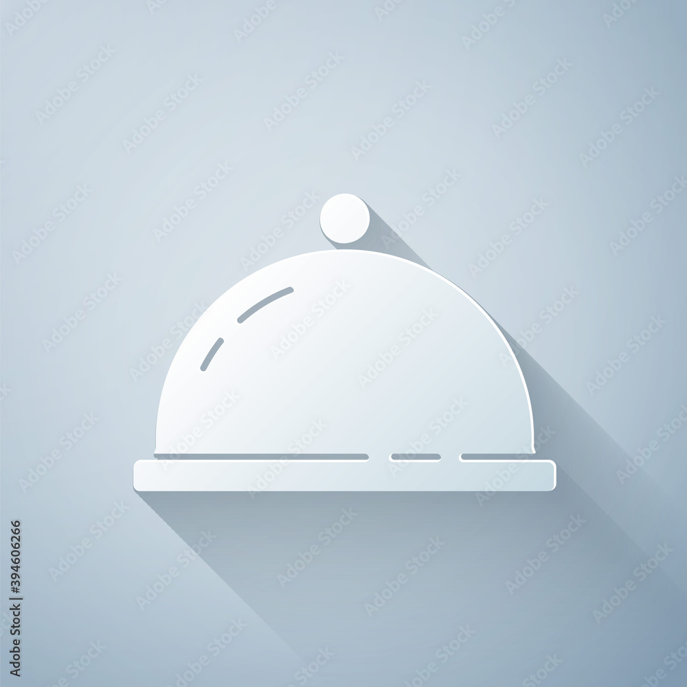 Paper cut Covered with a tray of food icon isolated on grey background. Tray and lid sign. Restauran