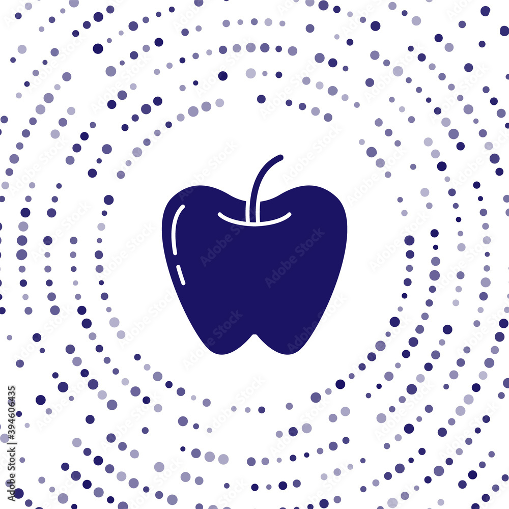 白色背景上的蓝色苹果图标。带有叶子符号的水果。抽象圆圈随机点。V