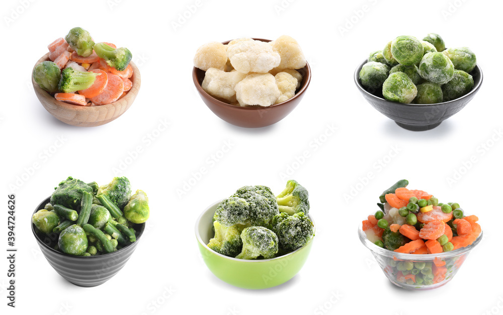 白色背景下不同冷冻蔬菜的拼贴