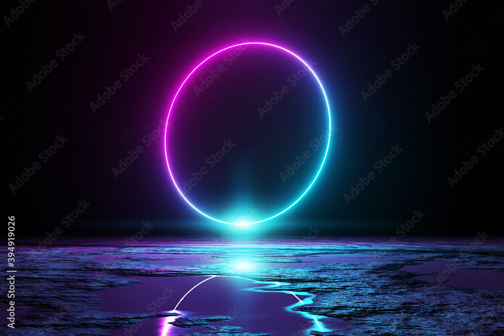 抽象背景，蓝色和粉色霓虹灯圆圈在水中反射3D渲染
