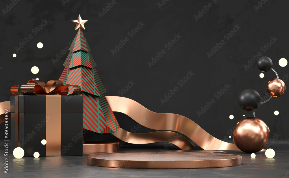 抽象圣诞快乐产品展示台，配有松树和装饰3d渲染