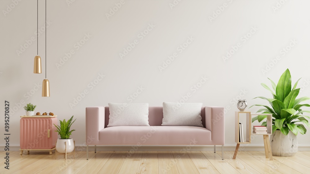 内墙实体模型，空白墙，木地板上的粉色沙发和白墙。