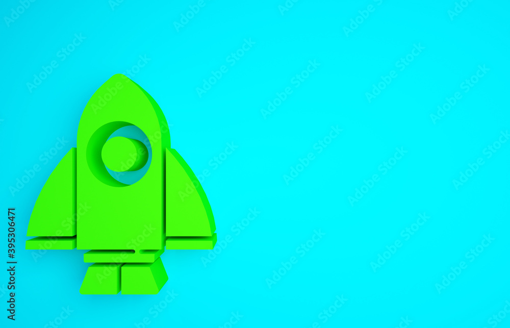 Green Rocket ship icon isolated on blue background. Space travel. Minimalism concept. 3d illustratio