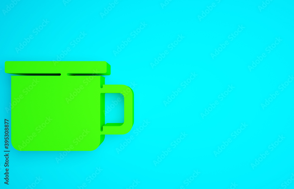 绿色露营金属马克杯图标隔离在蓝色背景上。极简主义概念。3d插图3d ren