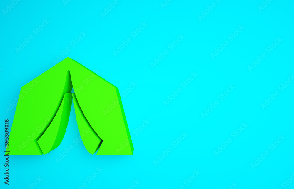 Green Tourist tent icon isolated on blue background. Camping symbol. Minimalism concept. 3d illustra