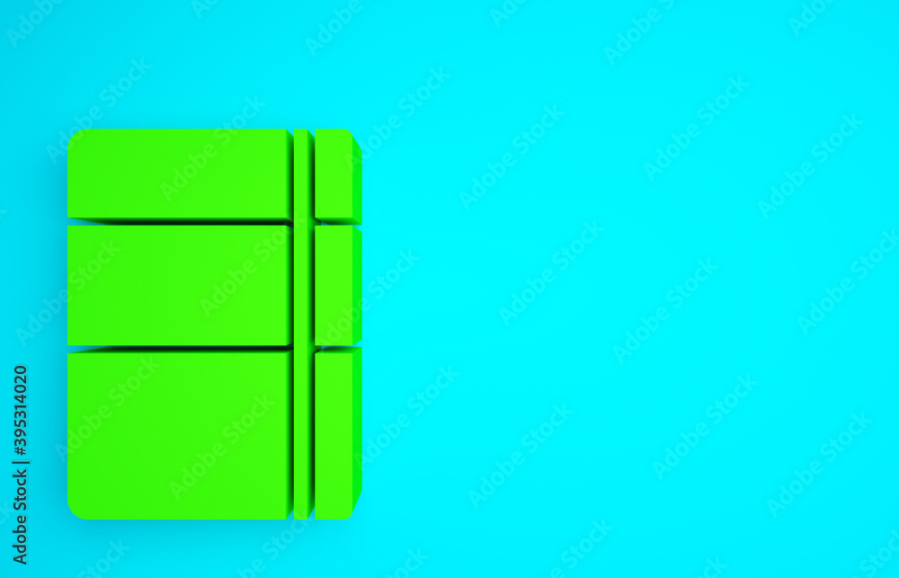 蓝色背景上隔离的绿色素描本或相册图标。极简主义概念。3d插图3d r