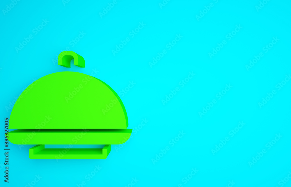 绿色，蓝色背景上有一托盘食物图标。托盘和盖子标志。餐厅cl