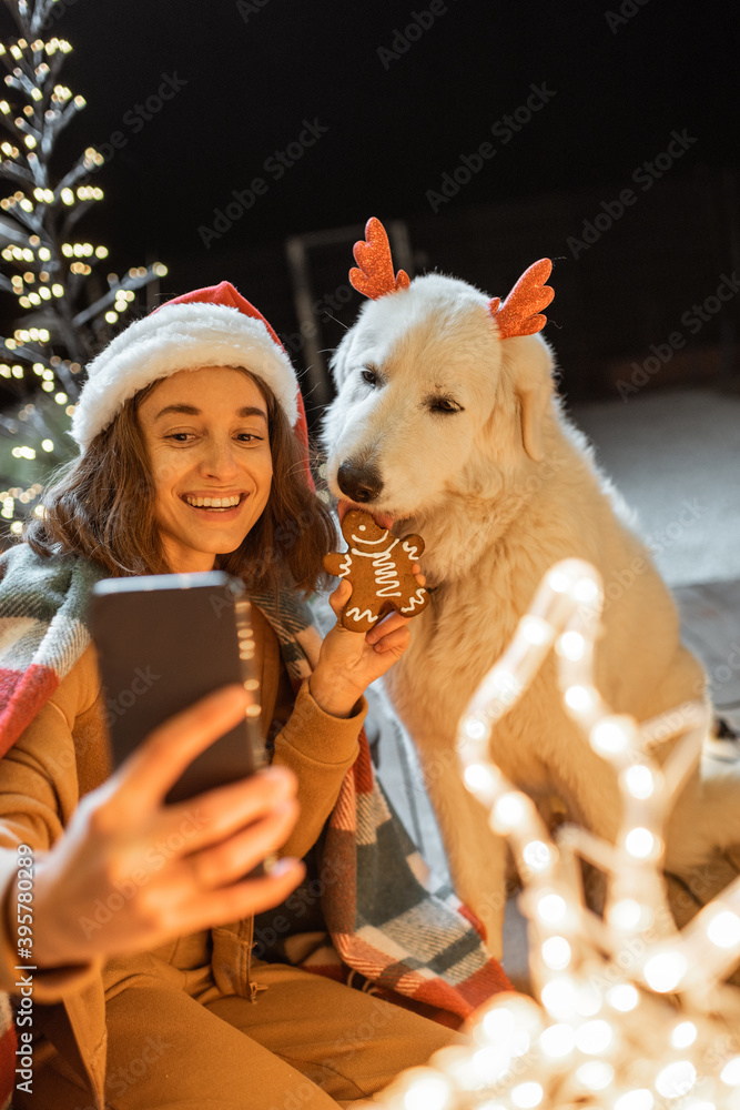一个戴着圣诞帽、穿着格子布的女人和她的可爱小狗在庆祝新年假期的肖像