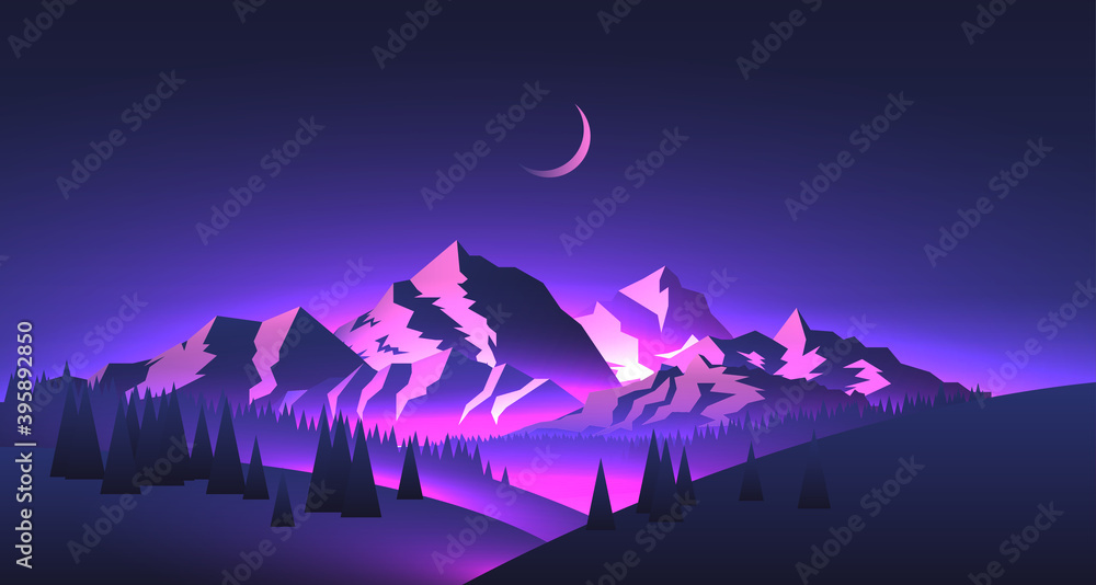 夜山景观，山峰和山谷，紫色发光，月亮。旅游广告