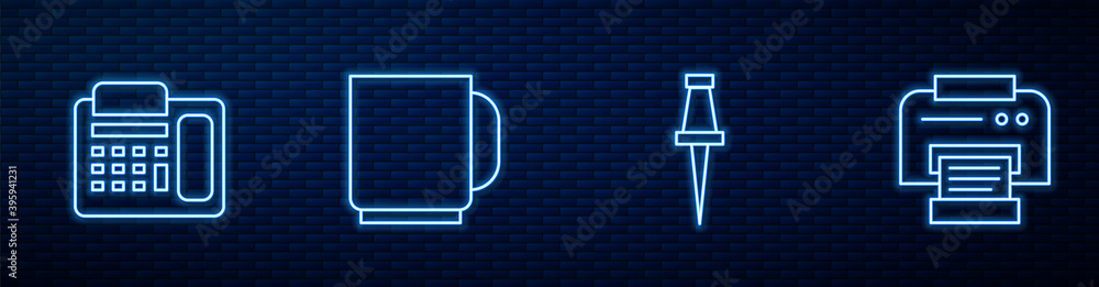 Set line Push pin, Telephone, Coffee cup and Printer. Glowing neon icon on brick wall. Vector.