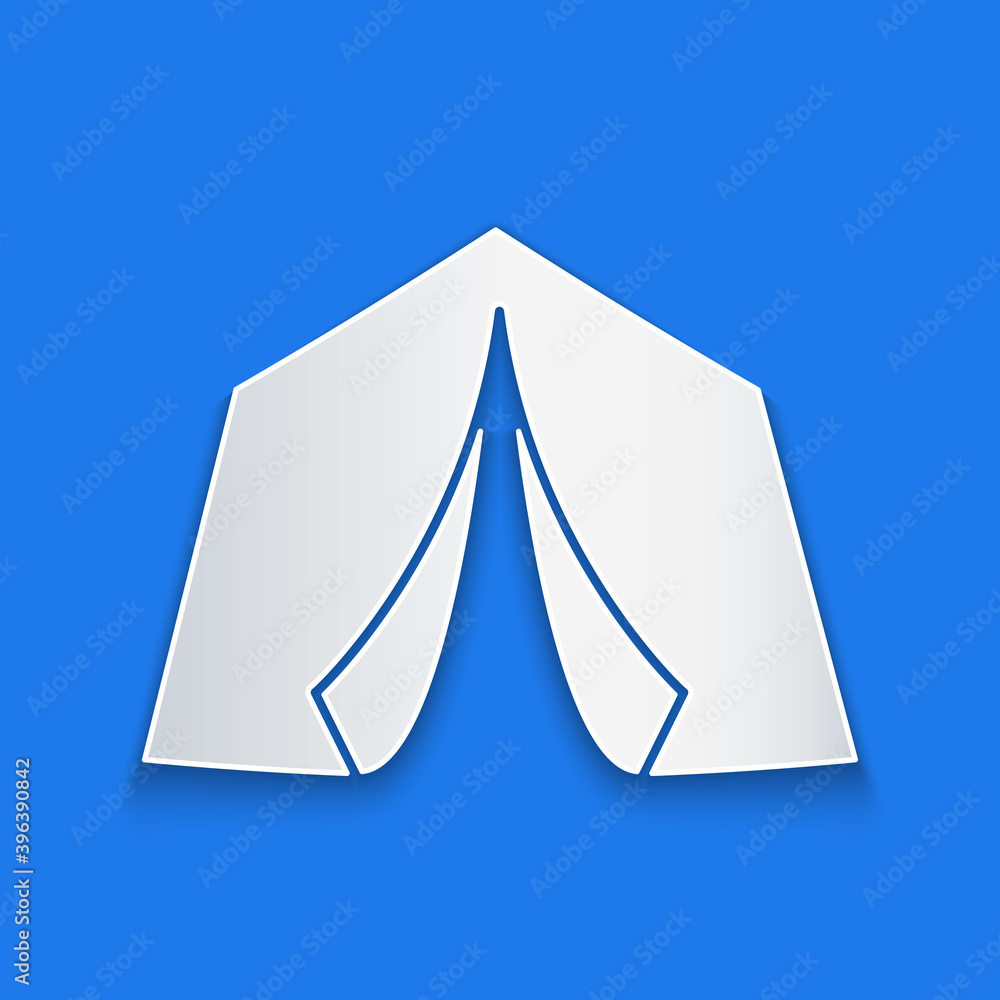 蓝色背景上的剪纸旅游帐篷图标。露营符号。纸艺风格。矢量。