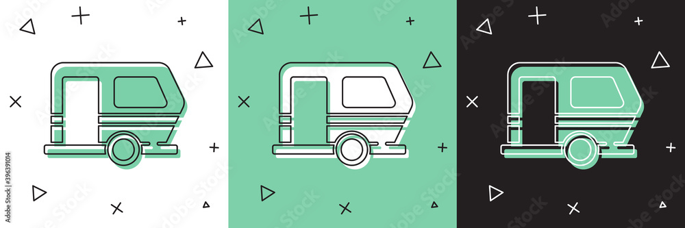 将Rv露营拖车图标隔离在白色和绿色，黑色背景上。旅行移动房屋，carav