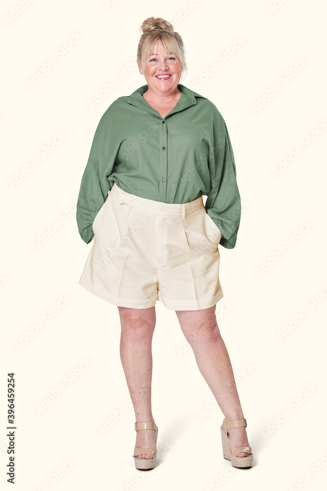 Size inclusive women’s fashion green shirt studio shot