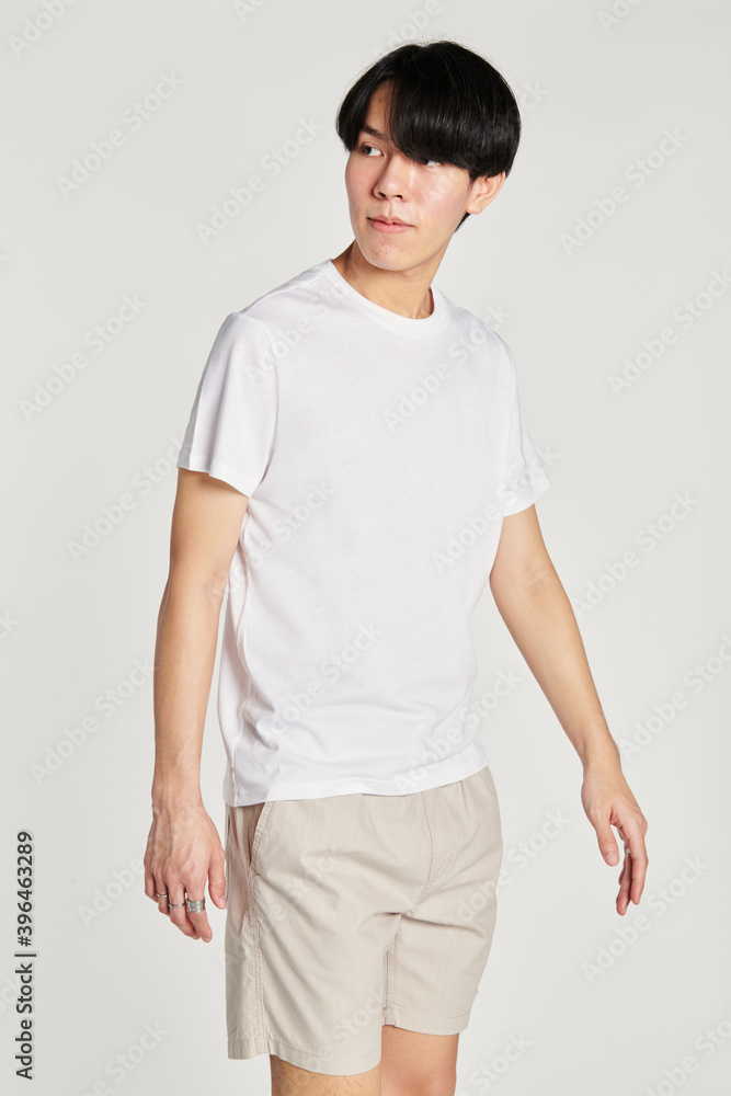 Men's white tee beige shorts mockup