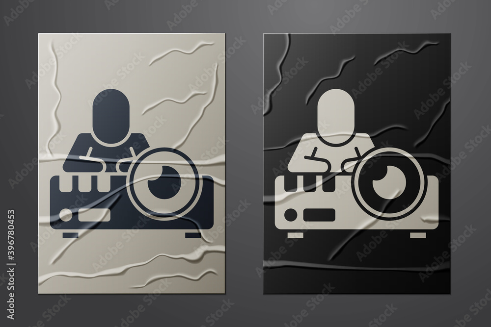 White Presentation, movie, film, media projector icon isolated on crumpled paper background. Paper a