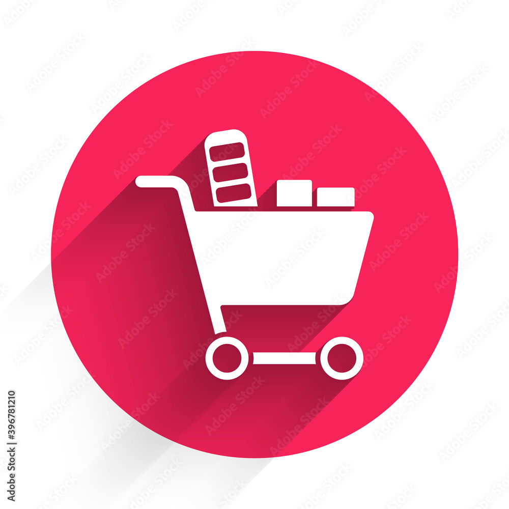 White Shopping cart and food icon isolated with long shadow. Food store, supermarket. Red circle but