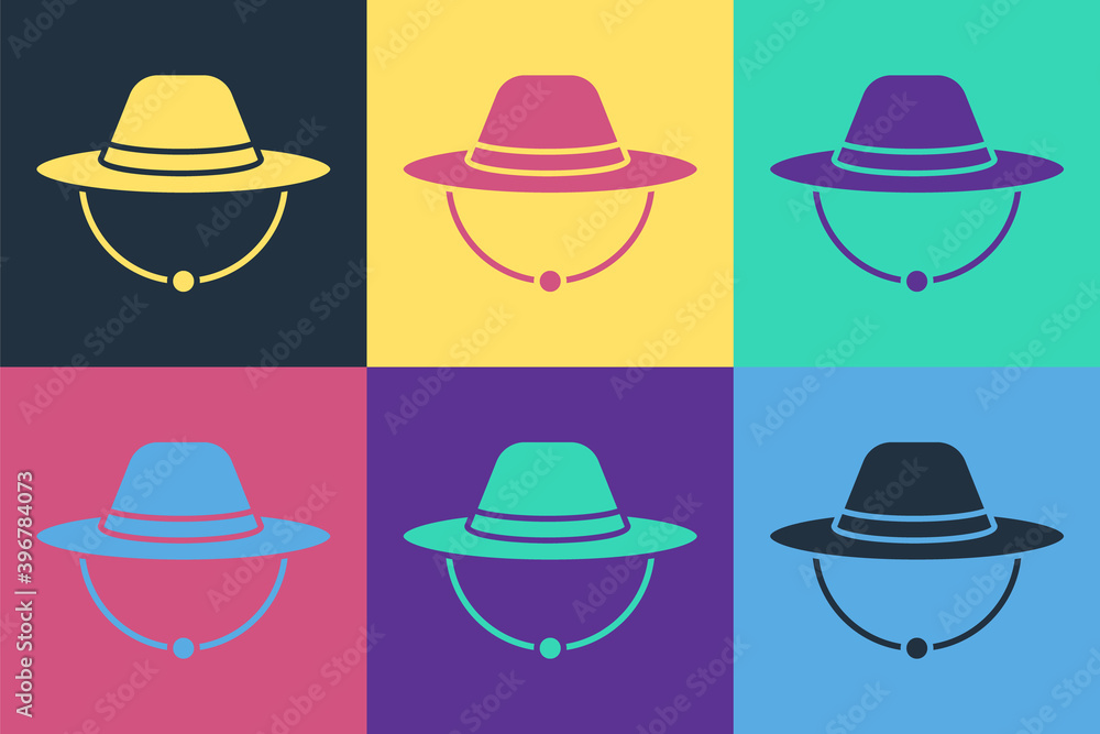 流行艺术露营帽图标隔离在彩色背景上。巴拿马沙滩帽。探险家旅行帽