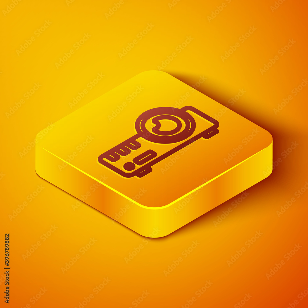 Isometric line Presentation, movie, film, media projector icon isolated on orange background. Yellow