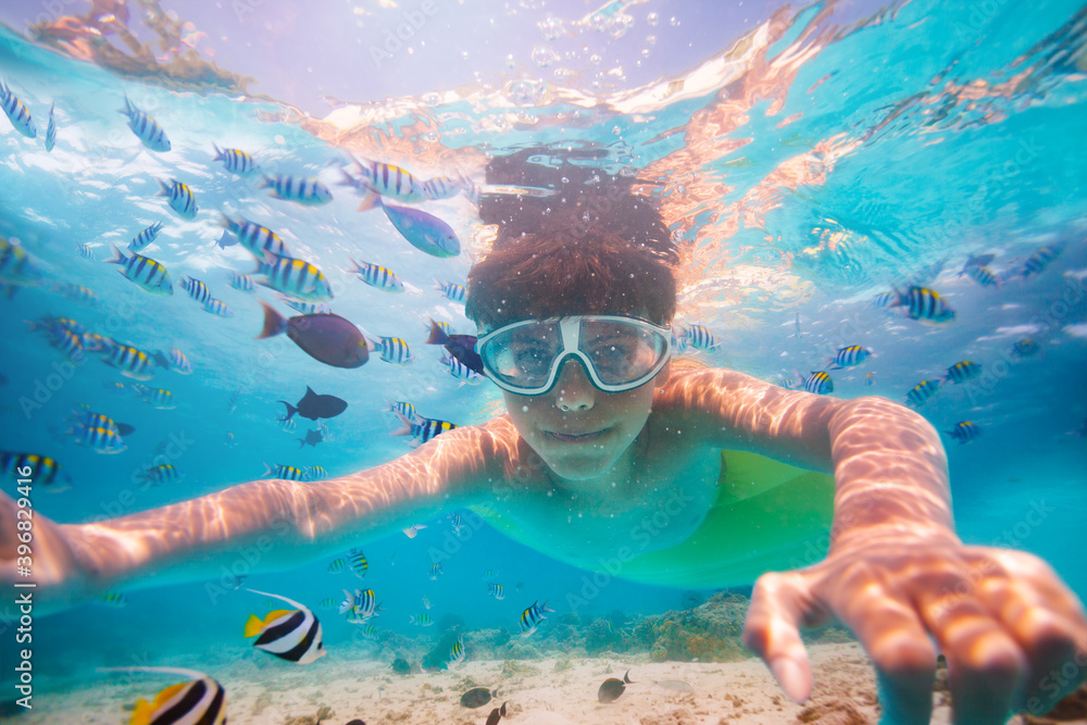 戴着水肺面罩潜水的男孩的肖像，海里的鱼看着相机