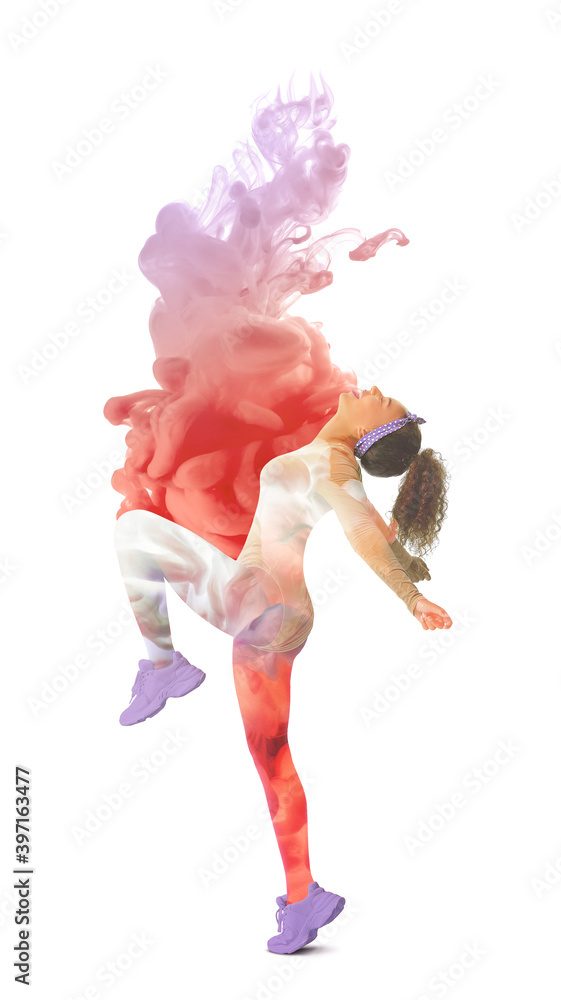 Double exposure of young woman doing aerobics and splash of paint on white background