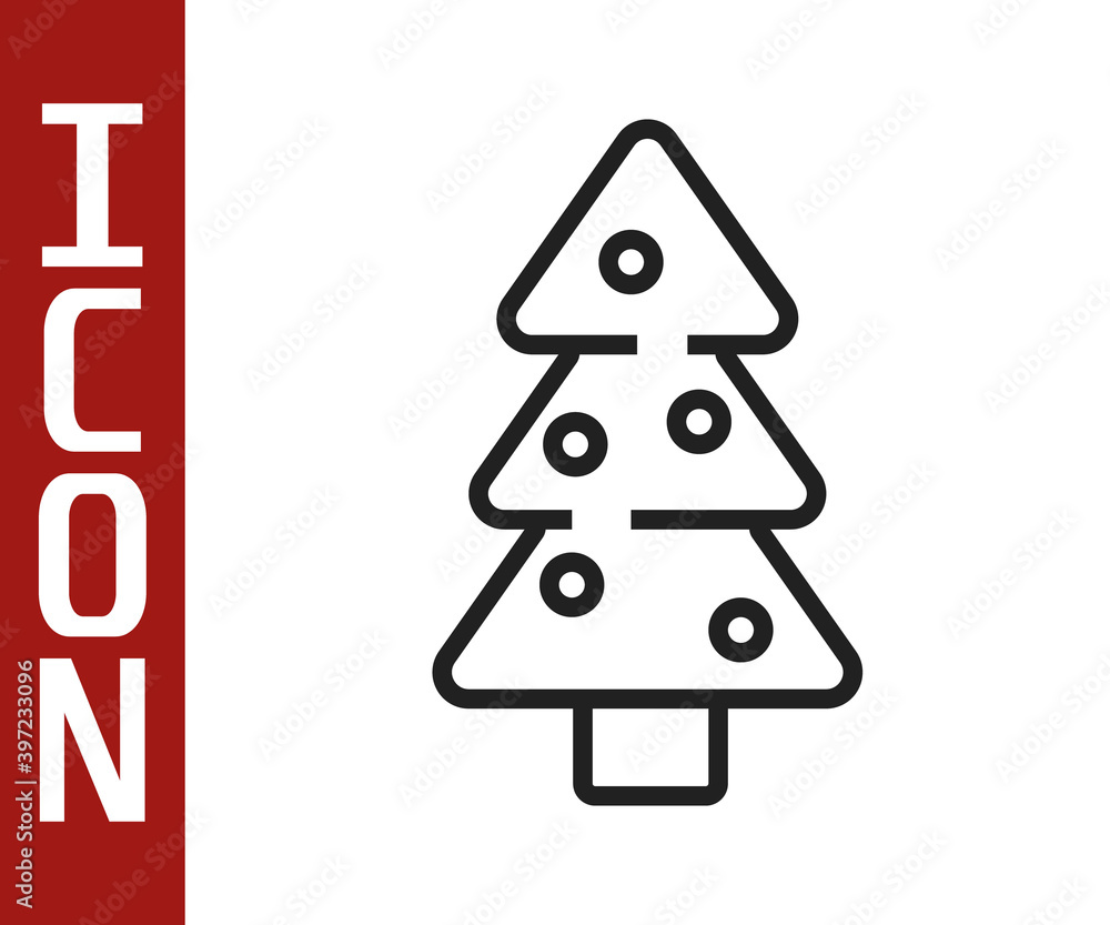 黑线圣诞树，白色背景上有独立的装饰图标。圣诞快乐，哈