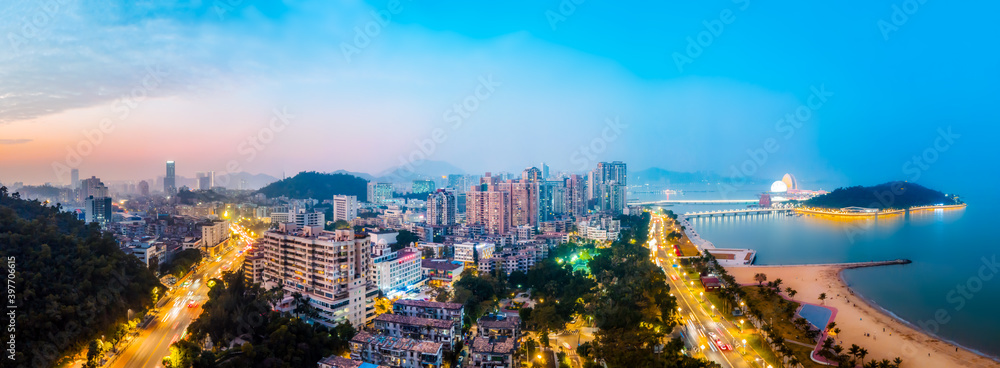 中国珠海城市建筑景观航拍夜景