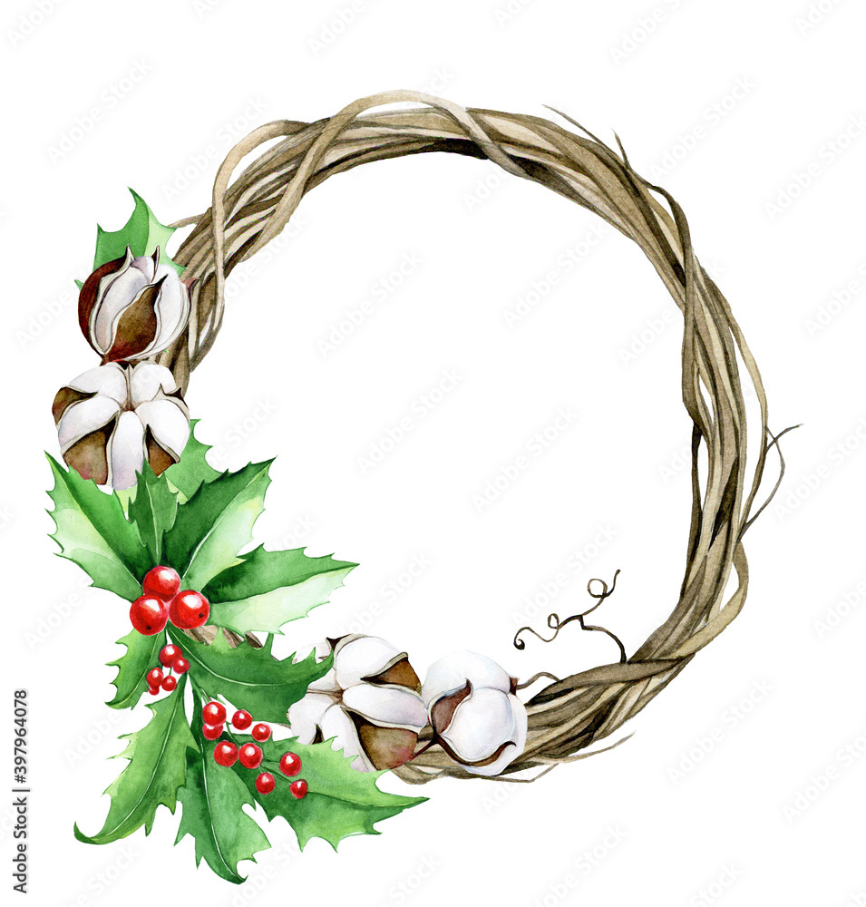 水彩剪贴画，插图。树枝、桉树、棉花和冬青树的圣诞花环。可爱的fes